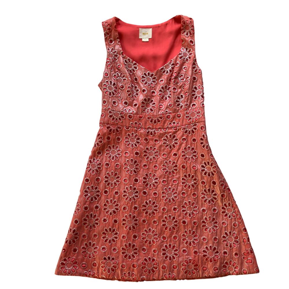 Anthropologie Maeve Daisy Floral Eyelet Sweetheart Dress Size 4P Coral Pink